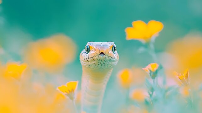 Close up portrait of a snake s head amidst yellow flowers