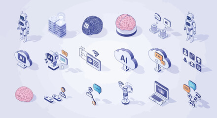 Isometric illustration showcasing artificial intelligence concepts, robots, and cloud computing elements.