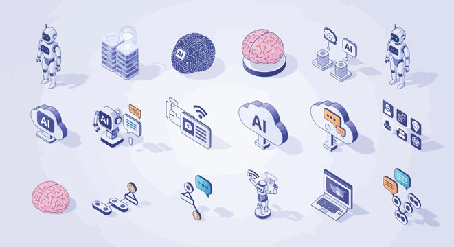 Isometric illustration showcasing artificial intelligence concepts, robots, and cloud computing elements.