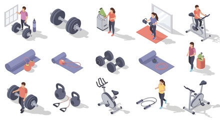 Isometric illustrations of various fitness activities and equipment, including people exercising, dumbbells, kettlebells, exercise bikes, and yoga mats.