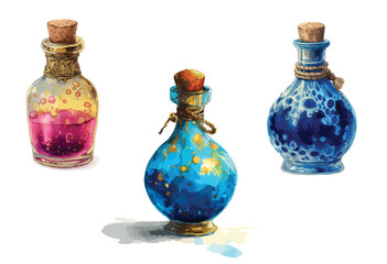 Magic potion bottles of different colors, one blue, one purple and one green