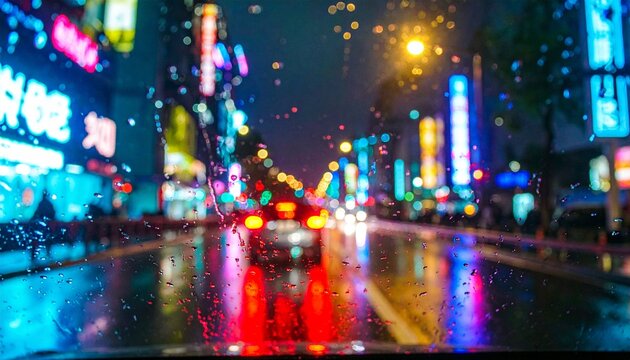 Urban Scene at Night in Rain, Blurred City Lights Through Wet Car Window Glass