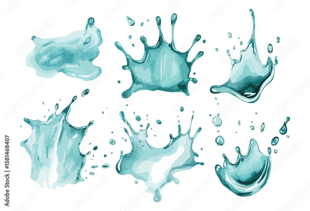 Poster set of water splashes with different sizes and shapes