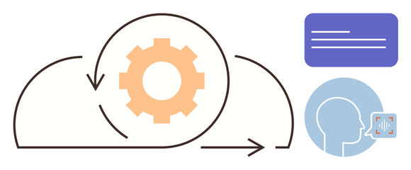 Gear surrounded by circular arrows with text bubble and speaking silhouette. Ideal for teamwork, workflow, process optimization, feedback, innovation, communication, and collaboration. Simple flat