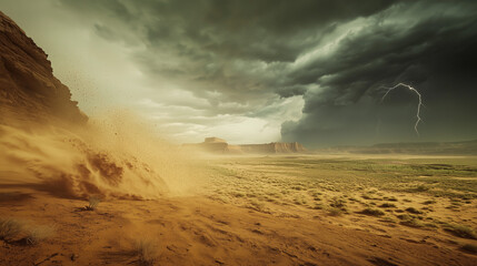 Fototapeta premium Dramatic lightning storm over sandy desert landscape monument valley nature photography majestic environment wide angle view atmospheric concept