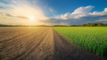 Obraz premium Sunrise over agricultural fields rural landscape nature photography vibrant sky expansive view growth and sustainability