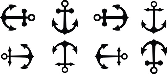 Vector set of nautical anchor icons. Collection of black maritime and marine anchor silhouettes isolated on a white background.
