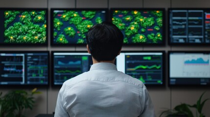 A person monitors multiple digital screens displaying maps, data, and charts, likely analyzing environmental or strategic information in a control room setting.