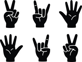 Obraz premium Vector collection of human hand gestures. Black silhouette icons showing peace sign, rock horns, and counting fingers isolated on a white background. 