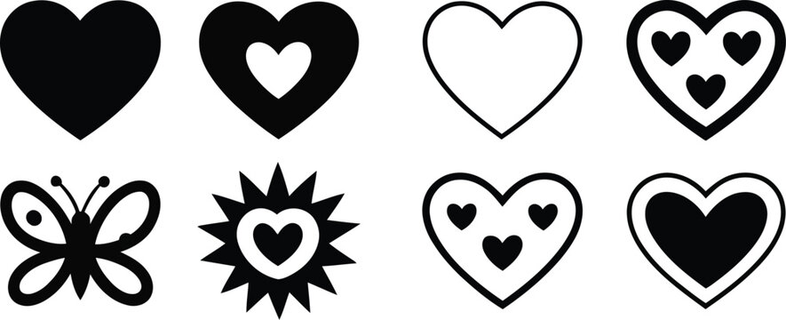 Vector icon set of heart shapes. Collection of love symbols including butterfly and sun illustrations isolated on white.
