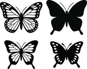 Butterfly vector collection. Set of 4 black silhouette icons with intricate cutout and solid shapes. Graphic design elements for cutting files, stencils, and crafts.
