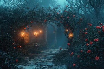 Mystical rose garden path at twilight