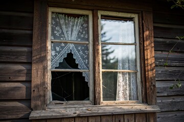Abandoned rustic cabin window with lace curtains and broken glass, surrounded by nature