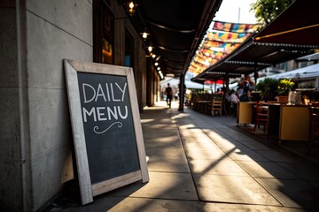 Chalkboard menu displaying daily specials outside a bustling restaurant during sunset