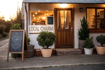 Charming storefront of a local shop with warm lights, welcoming entrance, and greenery