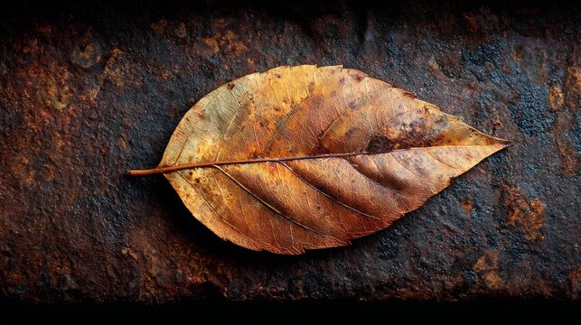 Detailed view of a single brown leaf on a dark, weathered surface.
