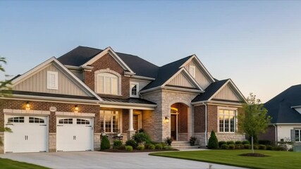 Exterior view of a two story house with a two car garage and a brick and stone facade at dusk