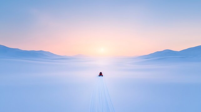 Lone snowmobile travels through vast arctic landscape at sunrise