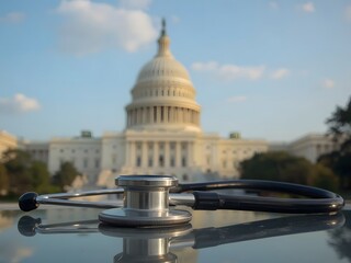 Symbolic image of a stethoscope in front of a government building, representing the intersection of healthcare and politics, ideal for editorial, policy, and medical regulation visuals

