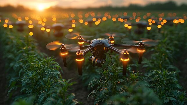 Sunset field drone swarm flying