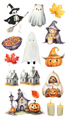 Obraz premium PNG cute watercolor Halloween element set, transparent background