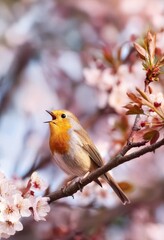 A bird is perched on a branch of a cherry tree