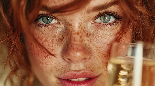 Close-up portrait of a beautiful redhead woman with blue eyes and freckles.