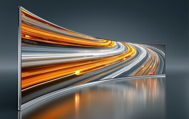 A sleek curved screen displays a long-exposure shot of a highway glowing with fast-moving light trails in vibrant orange and white.