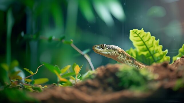 Close up of a pit viper s head amidst lush green foliage