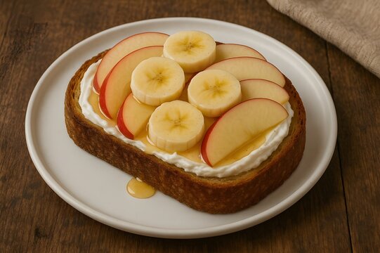 apple and banana toast with cheese cream and honey