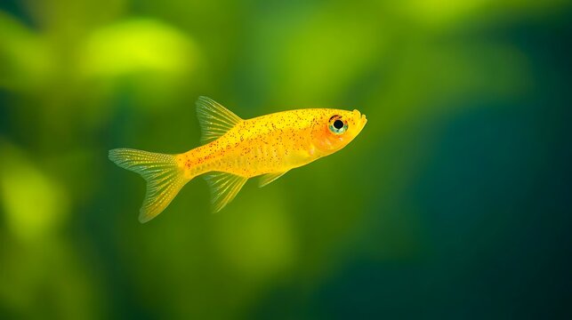 Vibrant yellow fish with red speckles swimming in lush green aquarium water
