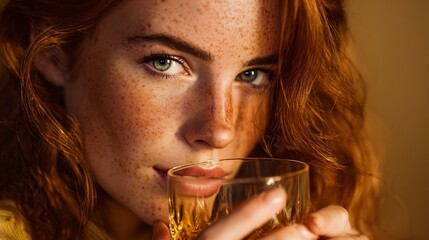 Close-up of a beautiful redhead woman with freckles holding a glass, looking at camera.
