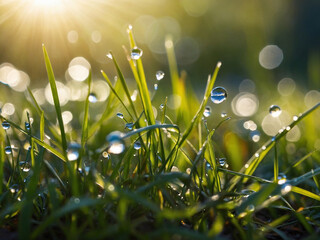 Dewdrops resting on vibrant grass blades captured under morning sunlight with cinematic bokeh background conveying sustainable freshness and clean nature mood in realistic clarity,