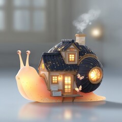 A glowing snail carries a cozy house on its back, complete with windows, chimney smoke, and butterflies fluttering by.