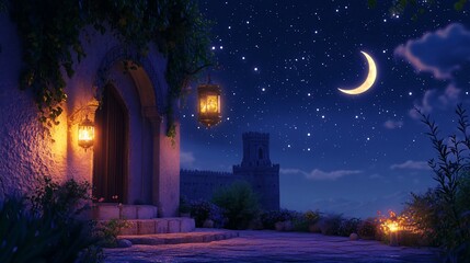 Naklejka premium Enchanting courtyard scene under a starlit sky with illuminated lanterns