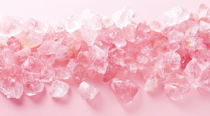 Pink crystals arranged in a horizontal line against a pale pink background