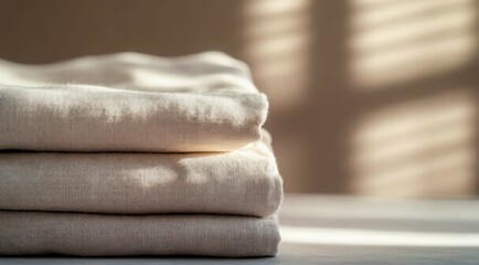 Stack of folded natural linen fabric with window shadow, soft light