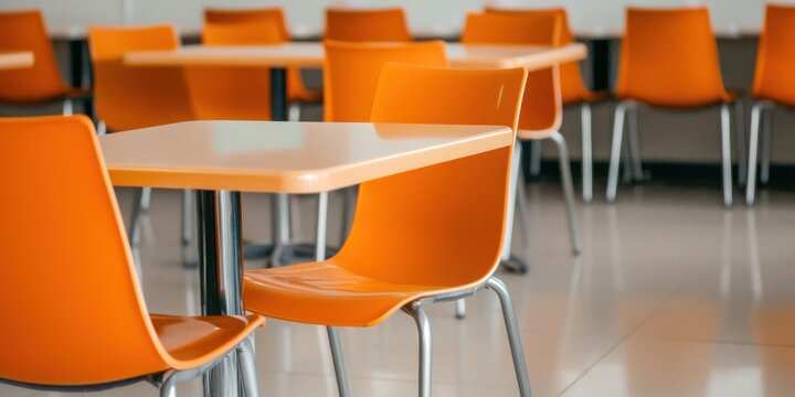 Food safety certification concept. A modern indoor seating area with orange plastic chairs and white tables arranged in rows on a shiny floor. - Powered by Adobe