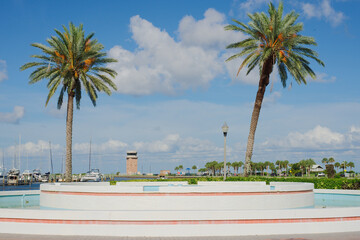 Sunny Park Palm Trees and Pier with Clear Blue Sky St. Petersburg, FL towards Tampa Bay. Serene...