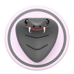 3D rendering of a stylized cute cartoon cobra snake head with fangs and black eyes in a circular frame. The friendly reptile icon, ideal for mascots or logos.