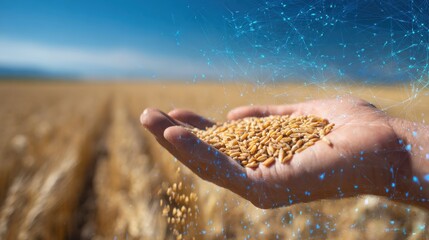 A hand is holding a handful of grain