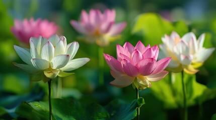 Obraz premium Two pink and white flowers are in a field