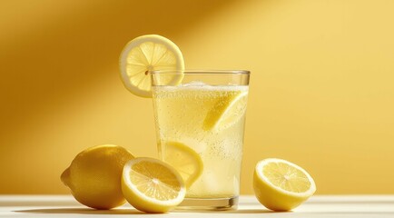 Refreshing lemon drink in glass with lemons on bright yellow background