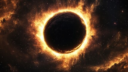 Naklejka premium Fiery celestial body surrounded by intense, swirling, golden-orange flames in deep space