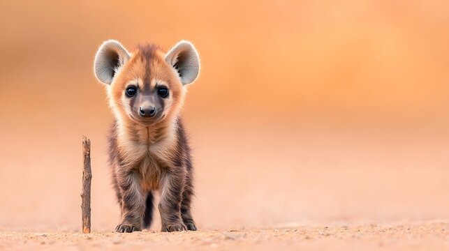 Adorable hyena cub stands guard beside a small wooden stick