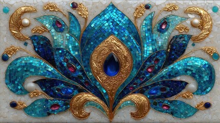 Intricate blue and gold feather mosaic with rich gem accents and ornate crescent motifs.