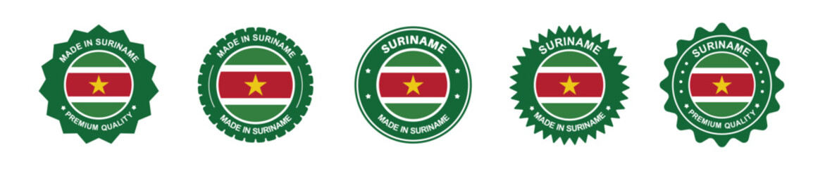 suriname product label set. suriname flag, premium made in suriname . Labels, seals, stamps, flags, icons