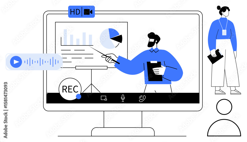 Poster speaker presenting data and charts on a screen during a virtual session with audio recordings, parti