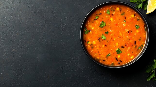 Hearty vegetable and wild rice soup garnished with parsley and lemon