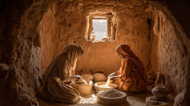 Footage Of Women Grinding grain using stone tool 4K Videos